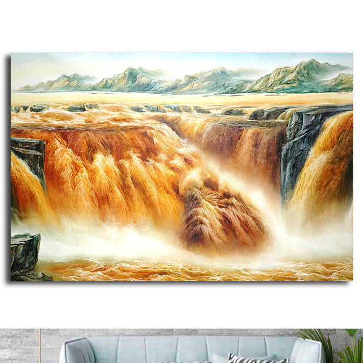 国画山水黄河壶口瀑布海报制作客厅沙发背景墙贴画墙画挂画