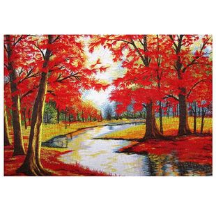 枫树风景海报油画风格壁画贴纸挂画自然风景红枫叶河流枫树林