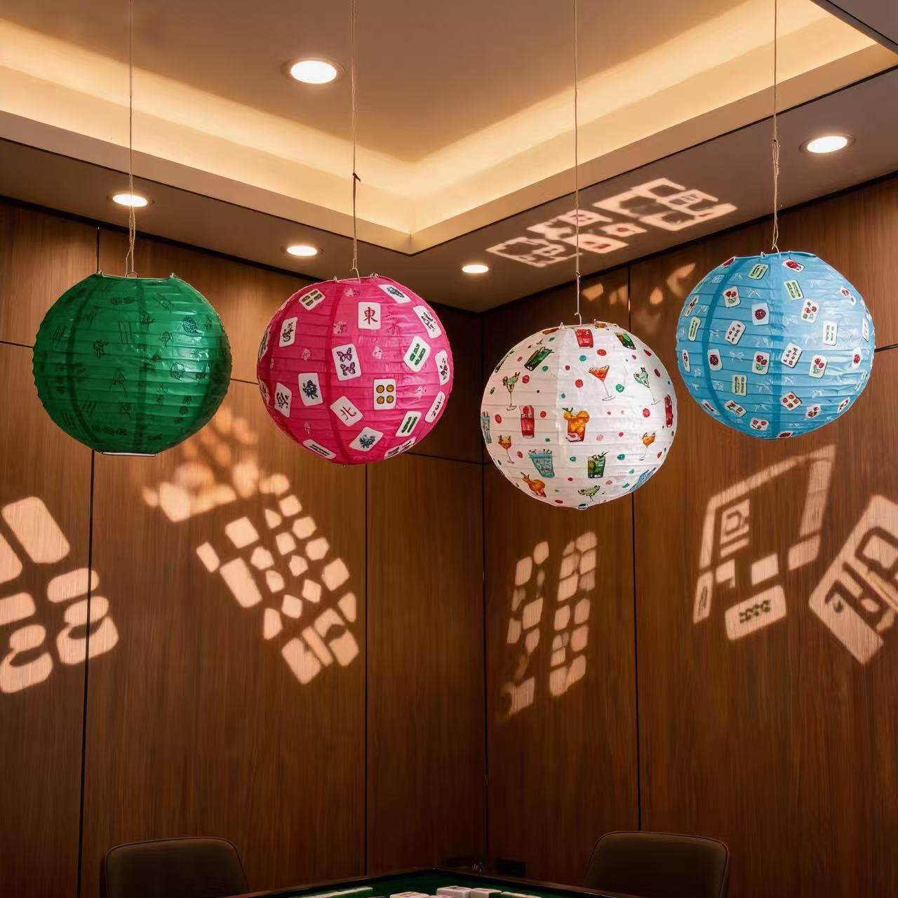 国潮麻将印花纸灯笼趣味印花新中式主题派对吊顶挂饰灯笼餐饮店铺