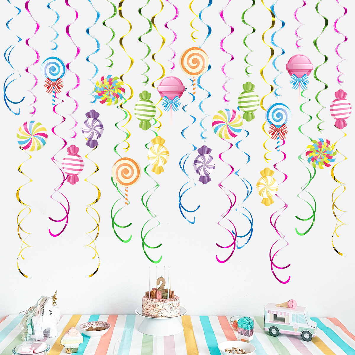 装饰品儿童螺旋糖果派对生日彩色漩涡主题彩带派对悬挂棒棒糖挂饰
