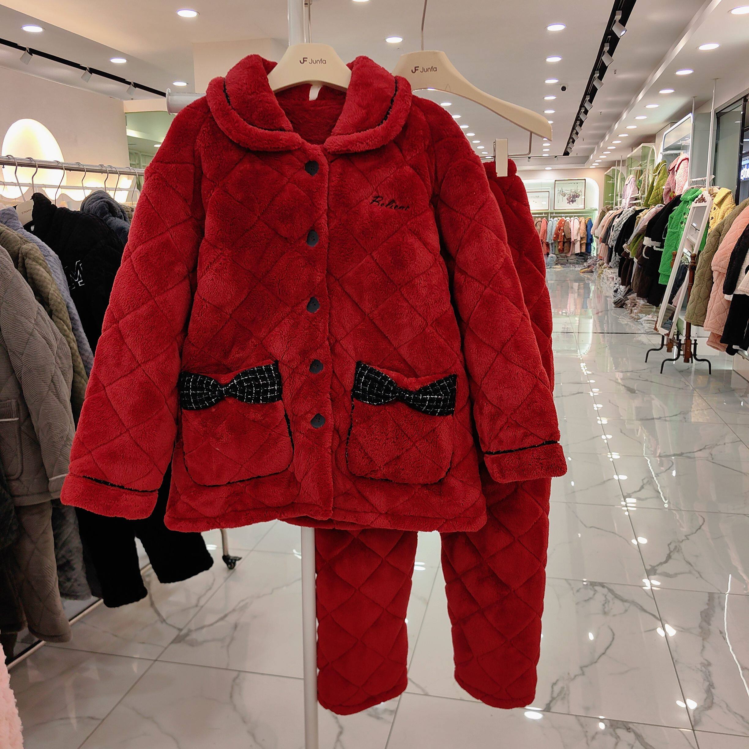 冬季新女士三层夹棉袄加绒加厚保暖美狐绒红色家居服可外穿穗得美