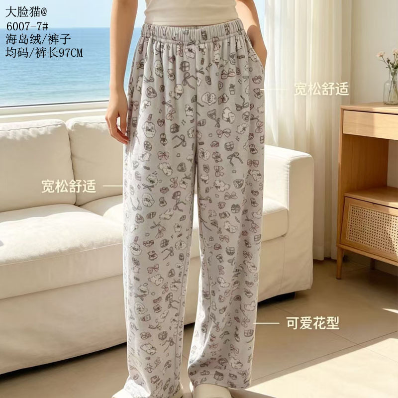 大脸猫海岛绒印花外穿长裤2026秋冬睡裤双加厚保暖裤子女士裤睡衣