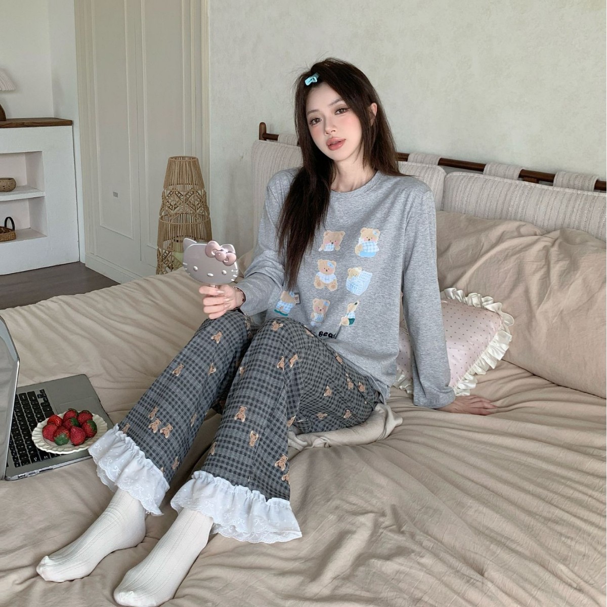 睡棠7A抗菌棉小熊长袖长裤睡衣套装韩系少女格纹花边宽松居家两件