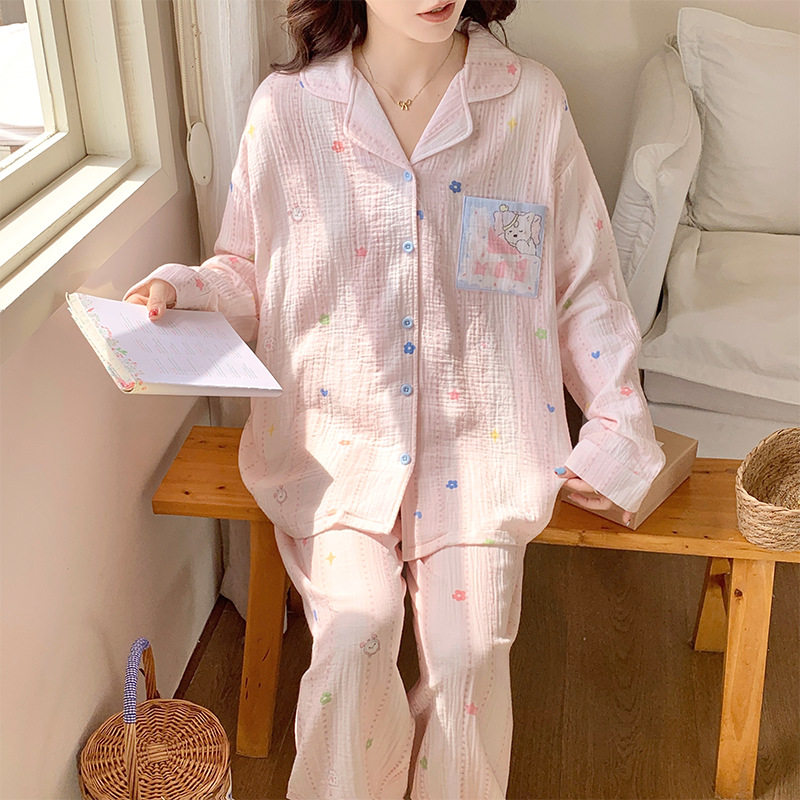 薇尔妮丝睡衣女款纯棉绸长袖秋季可爱卡通印花双层纱布套装家居服