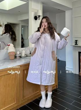 浴袍冬女士睡衣保暖三层夹棉加绒紫色连帽长款睡袍子家居服穗品牌