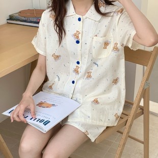 开扣家居服 夏款 女士睡衣套装 开通全棉纱布学生透气小清新短袖 短裤