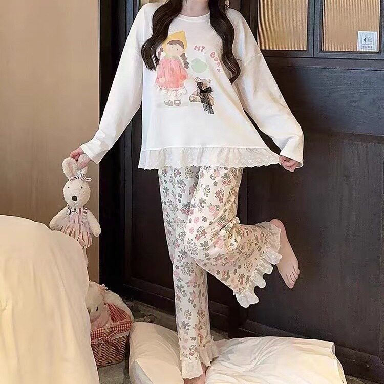 新款卡通帽子女孩长袖长裤 秋季新品可爱卡通睡衣女家居服套装可
