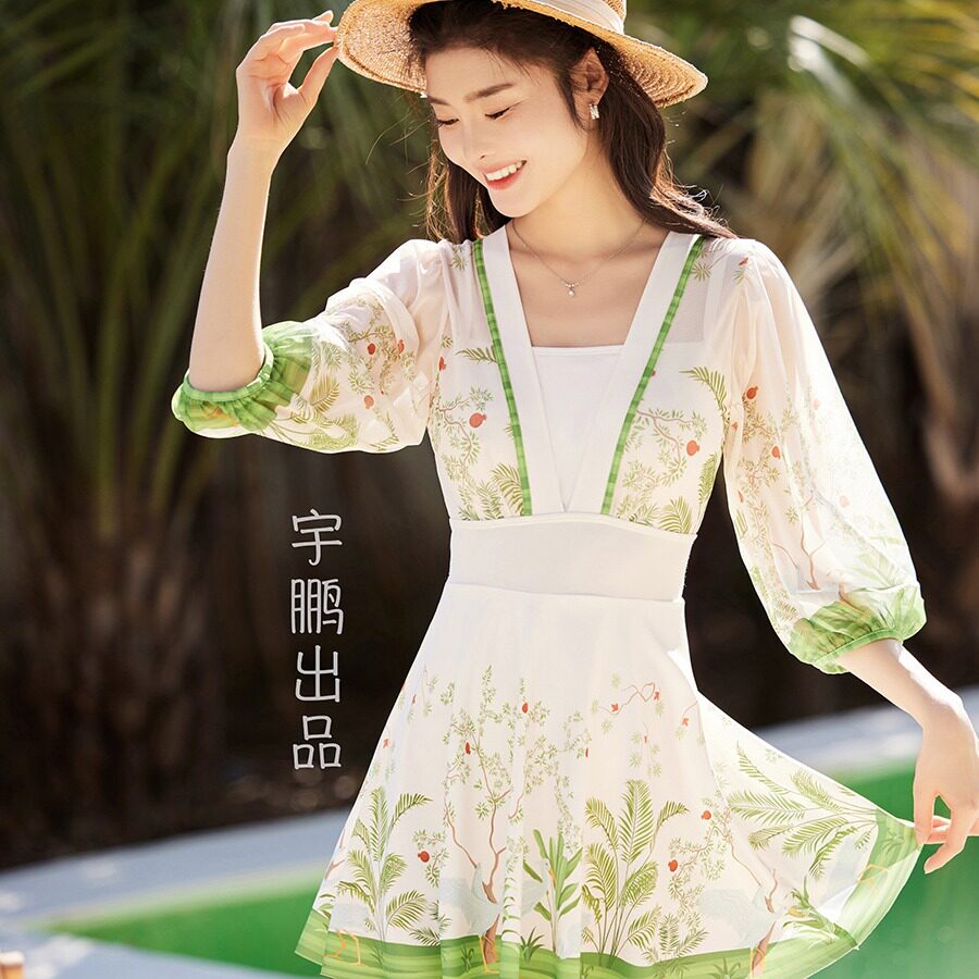 新中式小清新泳衣女国潮风新款连体裙式泳装沙滩度假遮肚显瘦开心