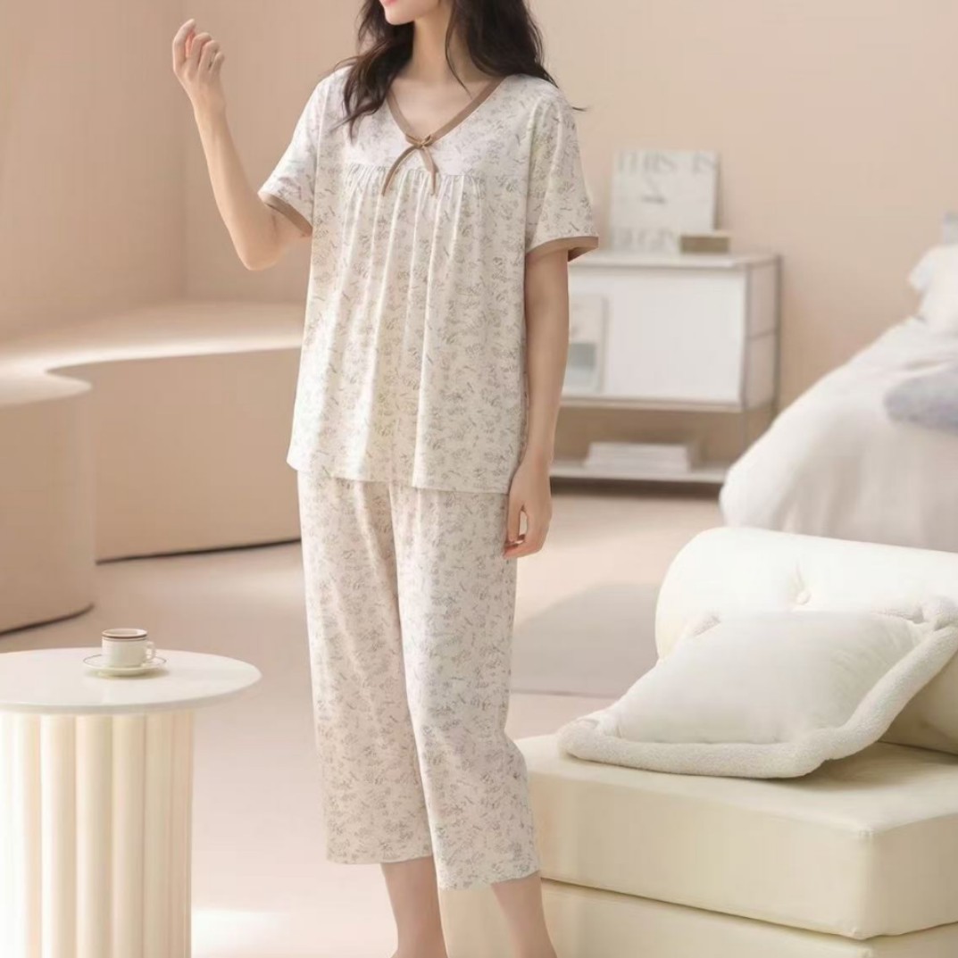 2026艾莱美带胸垫女士夏季新款莫代尔短袖七分裤印花家居服6359