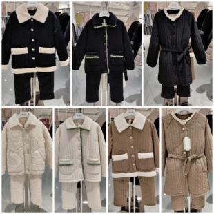 红晴晴冬季加厚睡衣女生梭织色织三层夹棉袄加绒保暖甜美家居服套