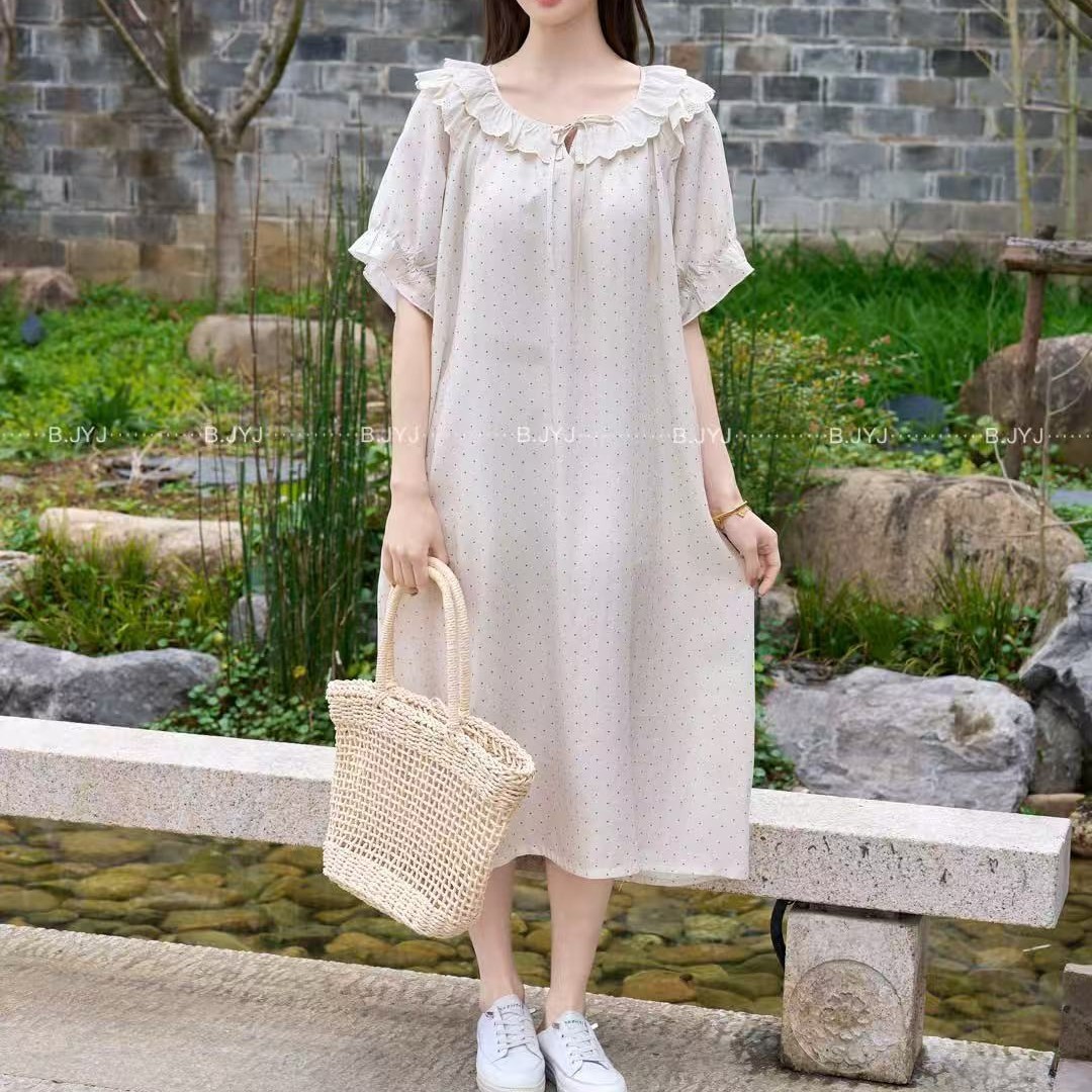 2026若曦姑娘女士带胸垫夏季新款莱赛尔短袖长裙女裙子家居服2220