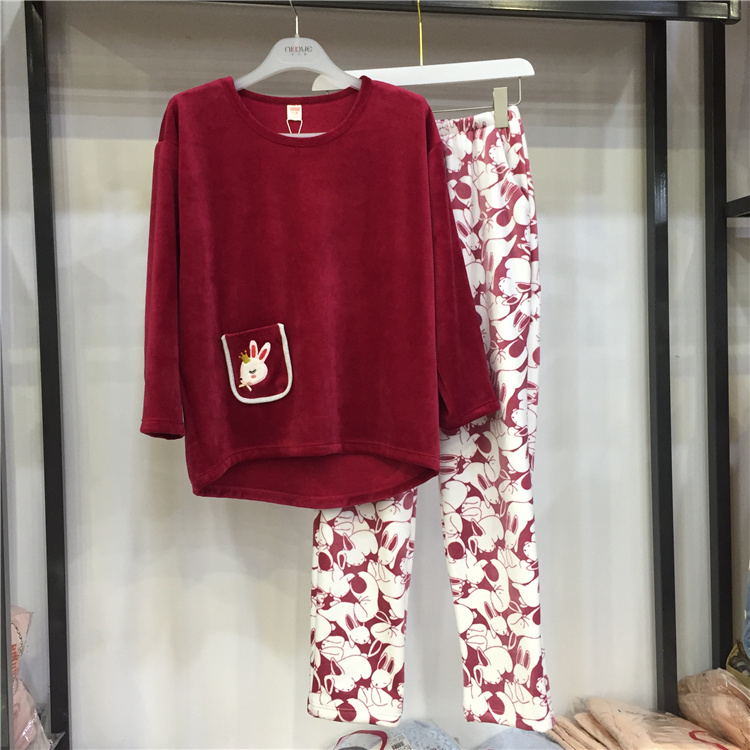 莎倩睡衣特价冬新款海岛绒休闲可外穿女家居服套装38943纯色卡通
