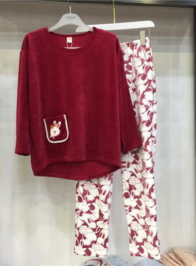 莎倩睡衣特价冬新款海岛绒休闲可外穿女家居服套装38943纯色卡通