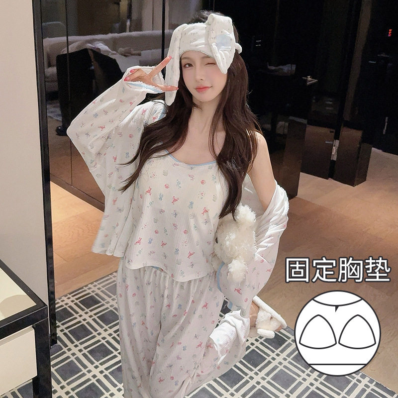 薇尔妮丝春夏睡衣女提花棉印花性感吊带纯欲风带胸垫三件套家居服