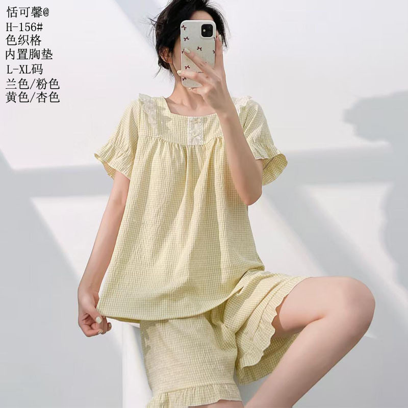 恬可馨色织格休闲26新款双短家居服套装女款内置胸垫短袖短裤睡衣