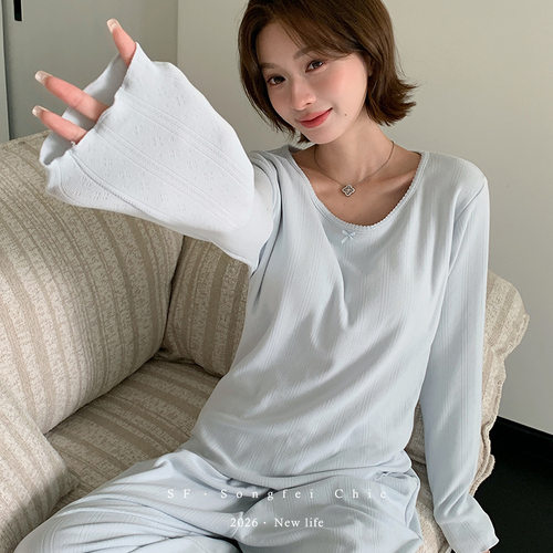 松霏3746提花磨毛睡衣女士秋冬自带胸垫柔软亲肤舒适家居服可外穿