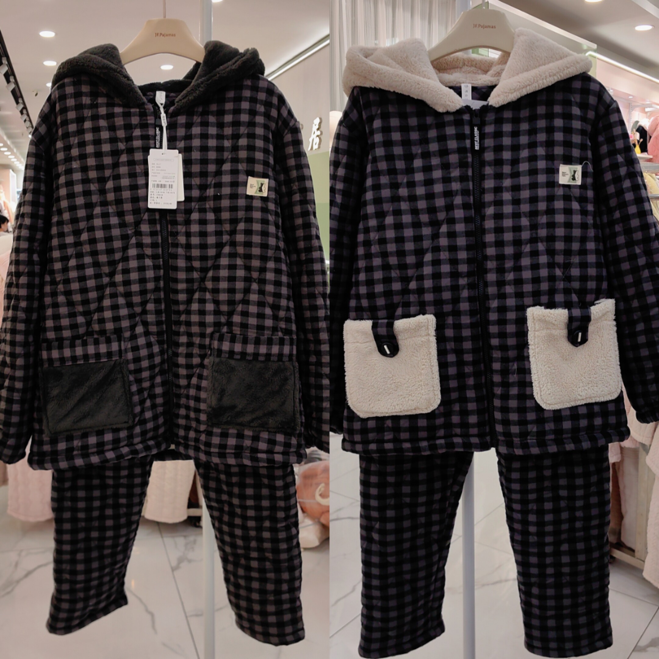 宅公主睡衣冬季男士棉布加厚加绒三层夹棉袄格子情侣女连帽家居服