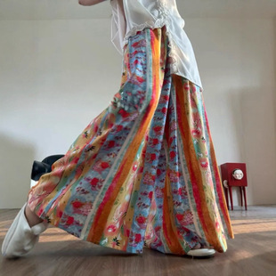 夏休闲裤 女大码 夏季 子裙裤 宽松百搭人造棉带双口袋大脚裤 棉绸裙裤