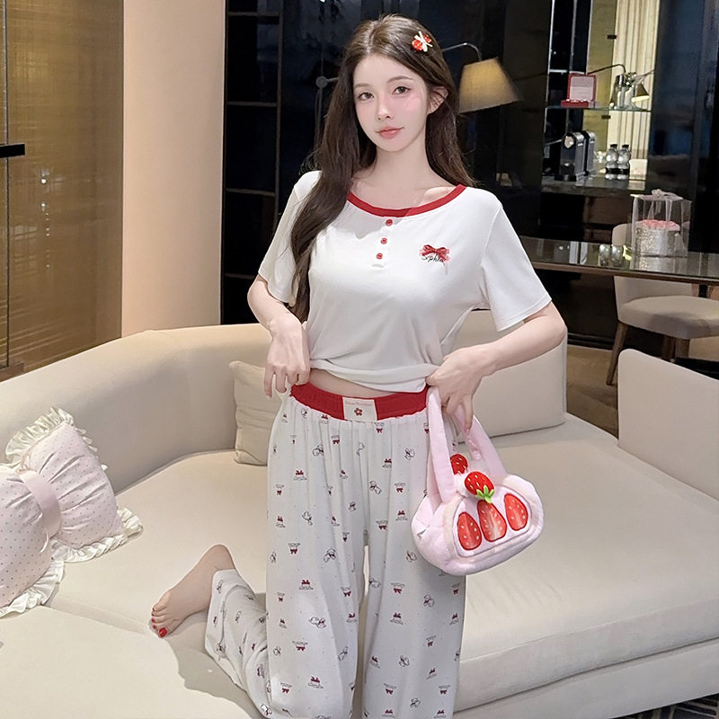 喔密哒薄款莫代尔睡衣女夏季短袖甜美印花慵懒高级感家居服可外穿