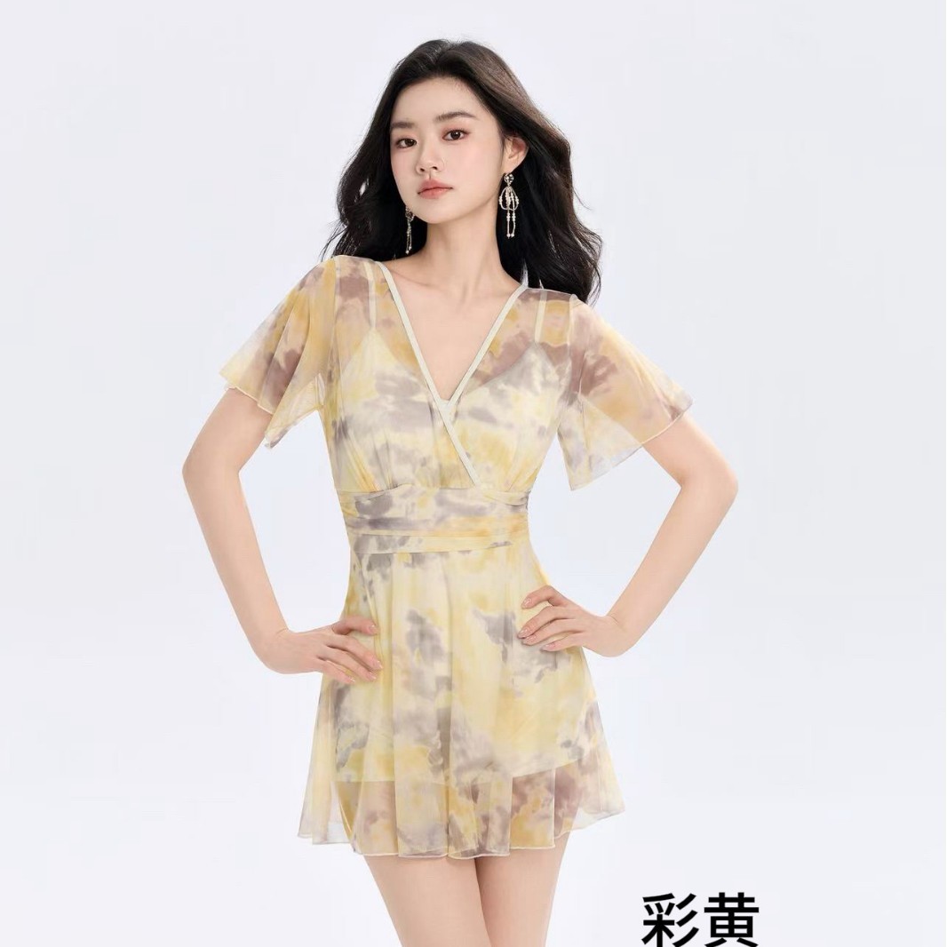 采菲26153成新款人泳衣女连体平角裙式遮肚显瘦夏季游泳衣套装