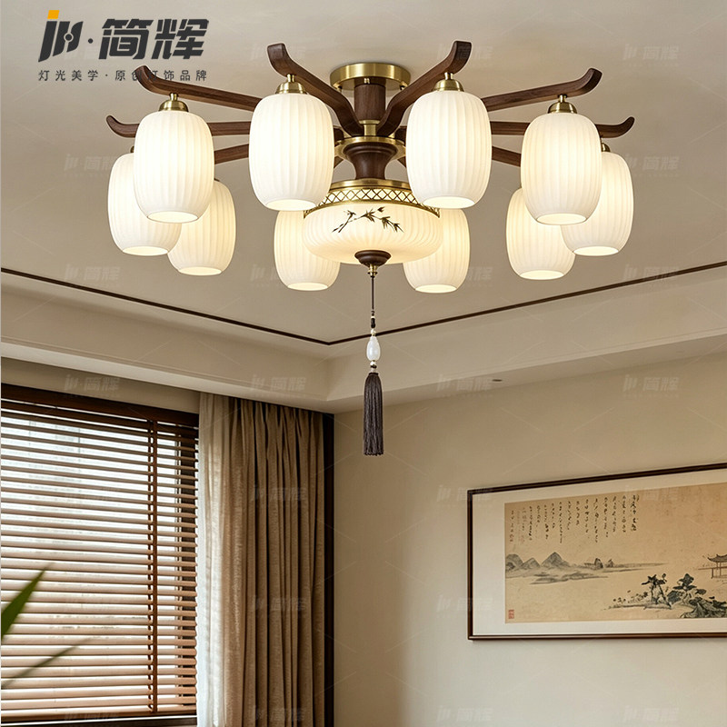 现代新中式禅意竹叶圆筒流苏艺术吊灯客厅餐厅别墅背景氛围装饰灯