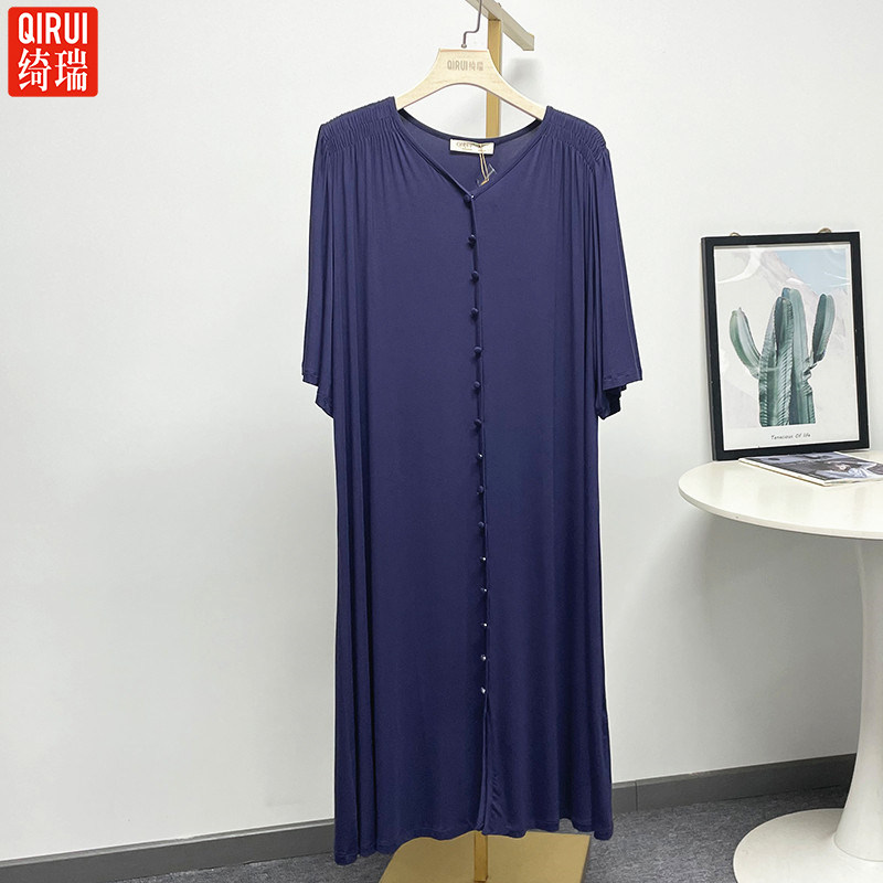绮瑞家居服女士莫代尔短袖加长款睡裙奢华感女纯色大码睡衣女夏季