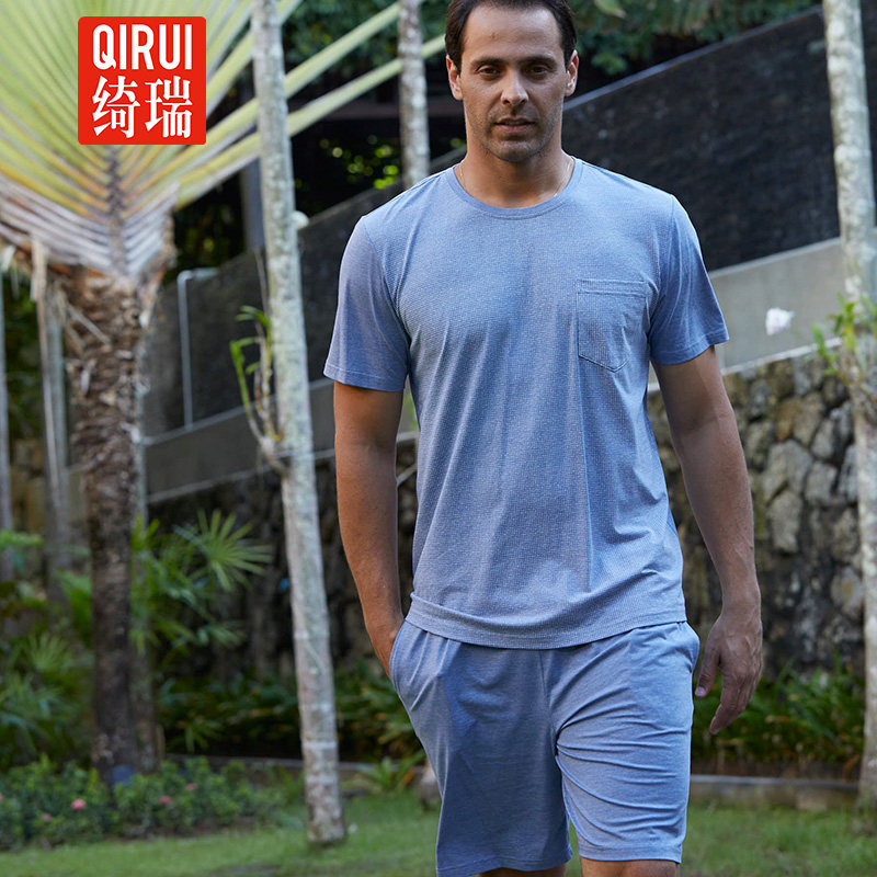 绮瑞夏季短袖睡衣男夏天薄款纯棉圆领短裤青年运动休闲宽松家居服