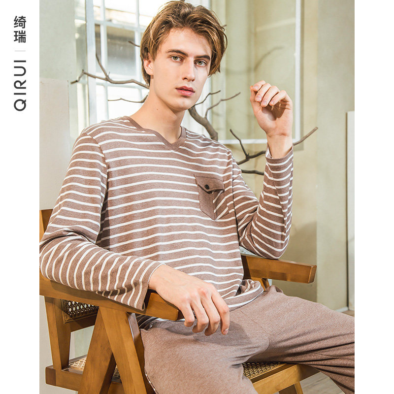 绮瑞男士秋冬彩纱纯棉套头休闲V领长袖睡衣套装可外穿大码家居服