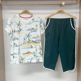 绮瑞夏季男女情侣短袖睡衣休闲圆领女半袖七分裤套装男短裤居家服