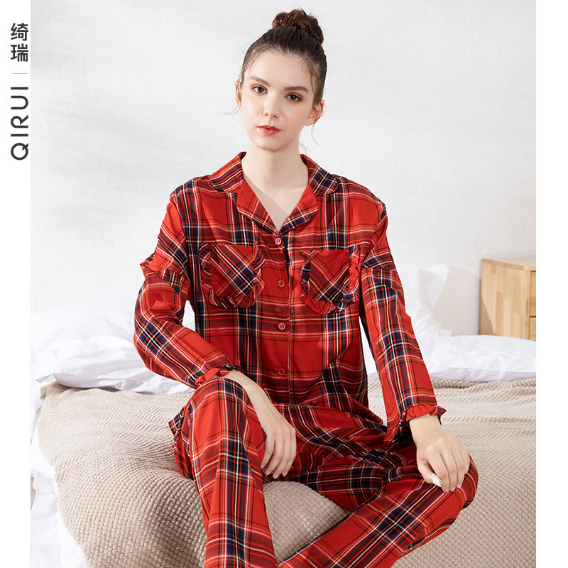 绮瑞女士长袖梭织纯棉红色格子开衫睡衣喜庆本命年大码家居服套装