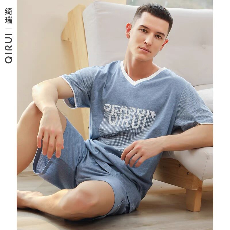 绮瑞男士夏季短袖短裤纯棉睡衣套装休闲运动V领中青年大码家居服