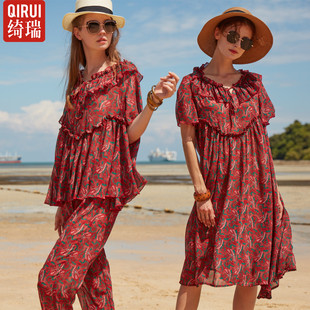 绮瑞2024女士夏季新品短袖波西米亚风家居服套装优雅海滩雪纺睡裙