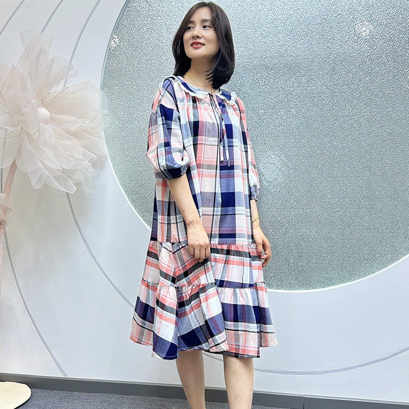 绮瑞梭织棉布无弹力格子女睡裙