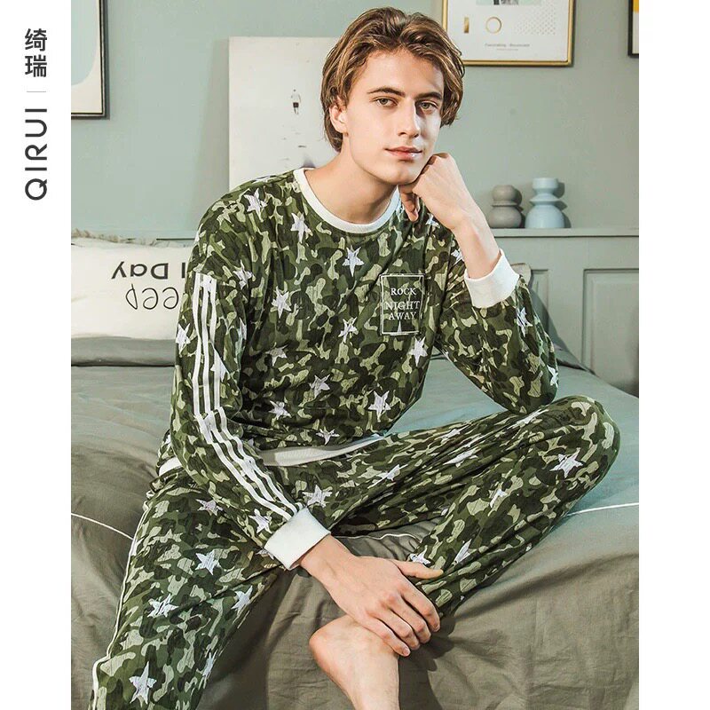 绮瑞男士春秋纯棉长袖圆领休闲可外穿睡衣套装青年时尚迷彩家居服