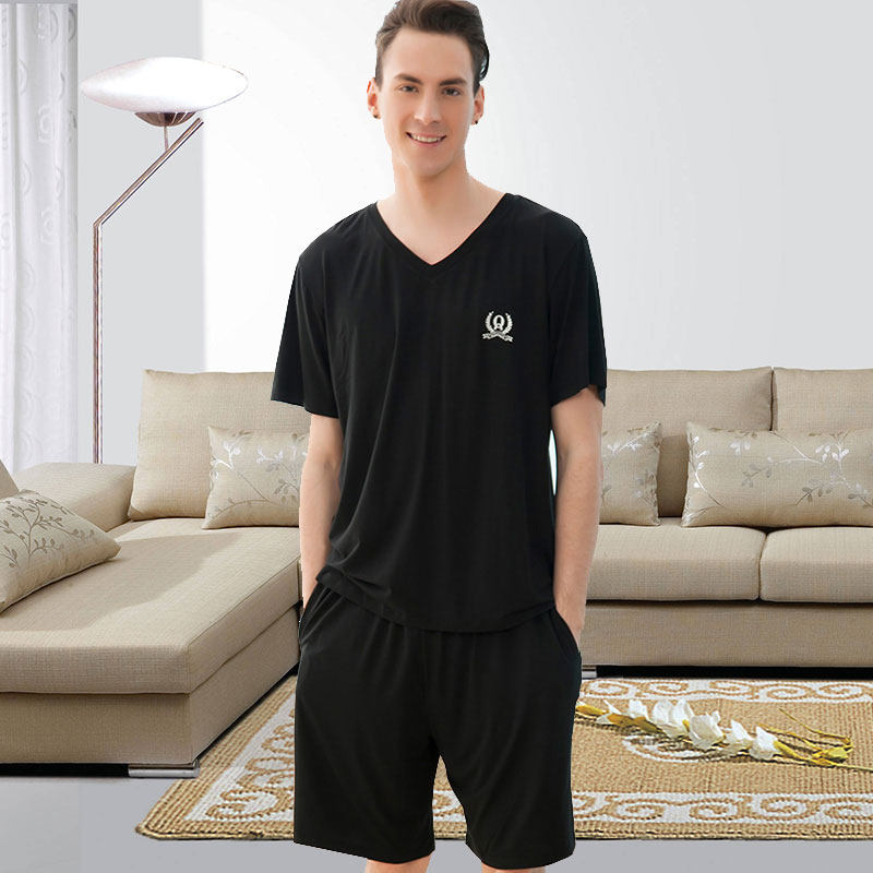 夏季男士莫代尔休闲大码短袖短裤套装家居服V领背心宽松薄款睡衣