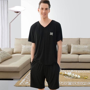 夏季男士莫代尔休闲大码短袖短裤套装家居服V领背心宽松薄款睡衣