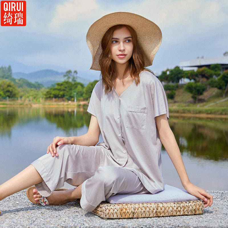 绮瑞家居服女士夏季短袖八分纯棉