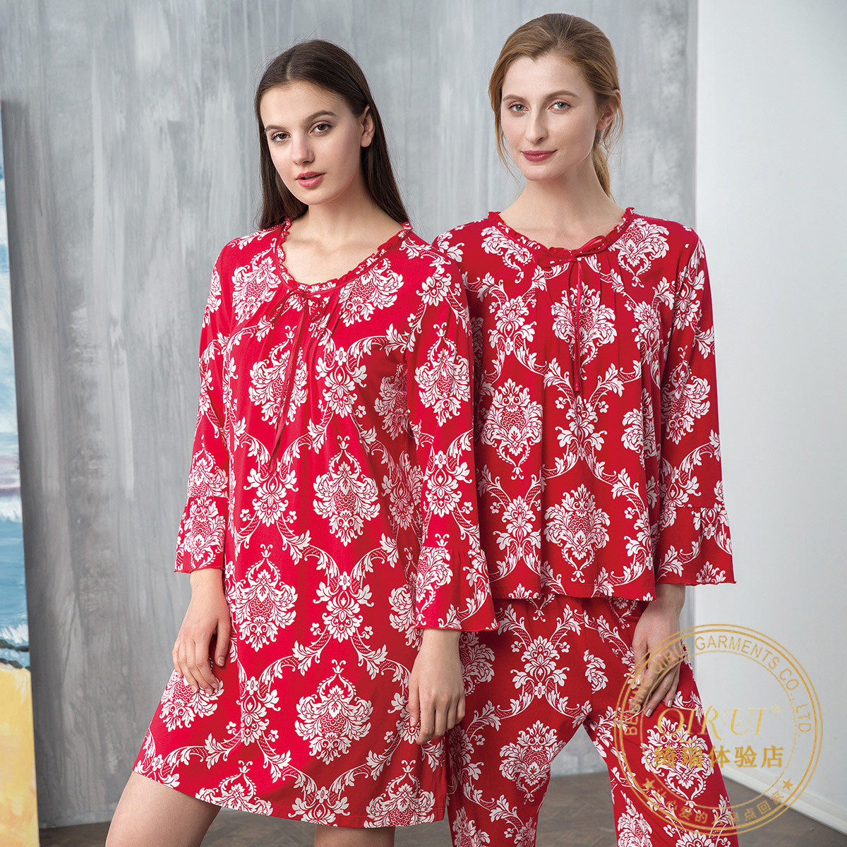 绮瑞家居服春秋新款女士莫代尔九分袖大花睡衣性感大红色中长睡裙