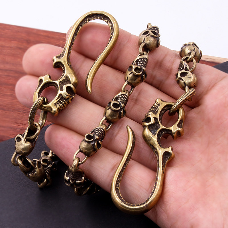 复古纯黄铜骷髅头钥匙链摩托车机车钥匙扣男腰挂裤钩链条保险防丢