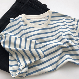 简约穿搭蓝色条纹文艺宽松短袖 盛夏旋律 tee