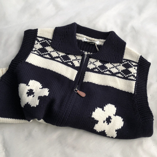 巨美 圣诞费尔岛粗针厚马甲女复古提花翻领无袖撞色坎肩上衣