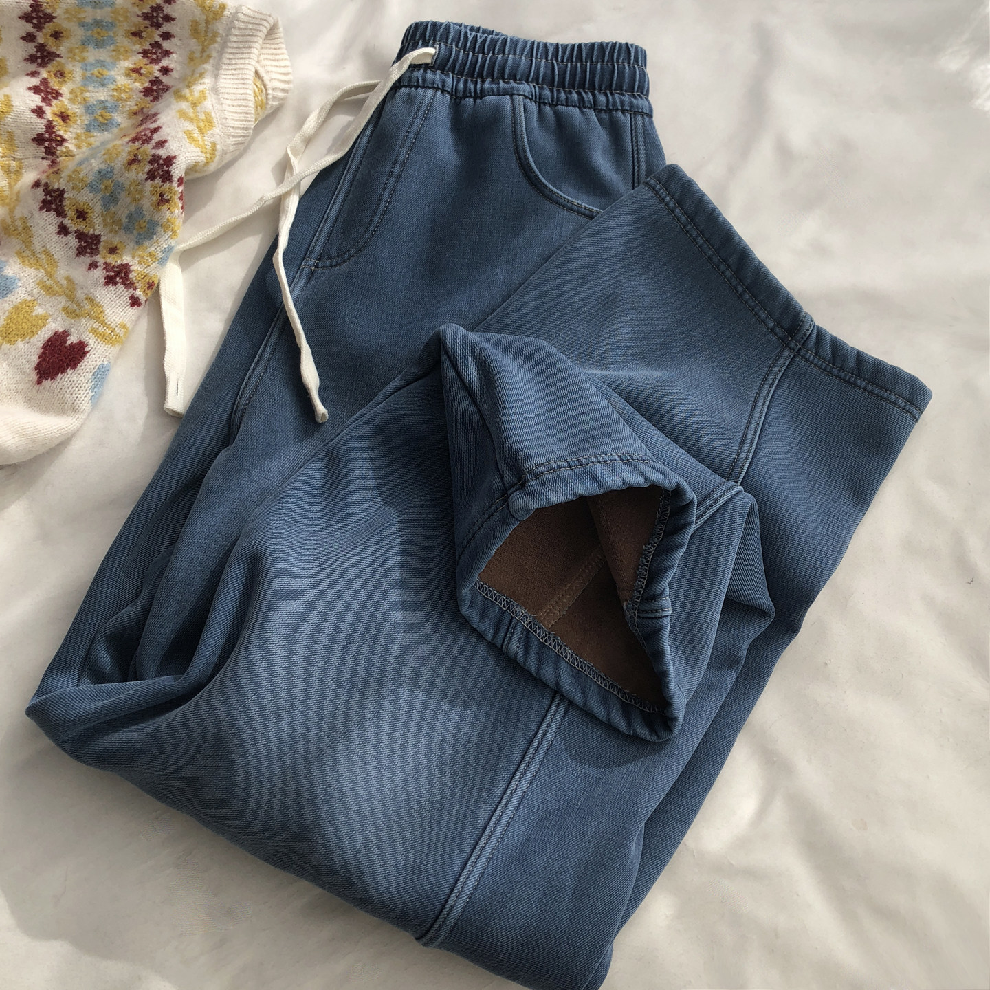 莱赛尔 水洗BF牛仔蓝加绒加厚弯刀阔腿裤复古立体拼接直筒休闲裤,女装/女士精品,休闲裤,淘宝优惠券,粉丝福利购,淘宝优惠卷