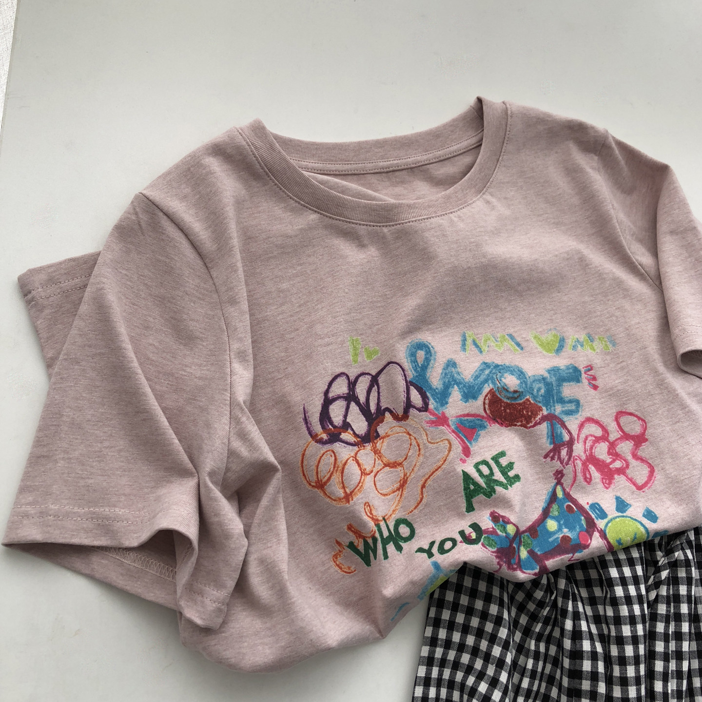 粉色彩纱涂鸦印花可爱休闲圆领短袖tee韩版套头百搭T恤上衣夏