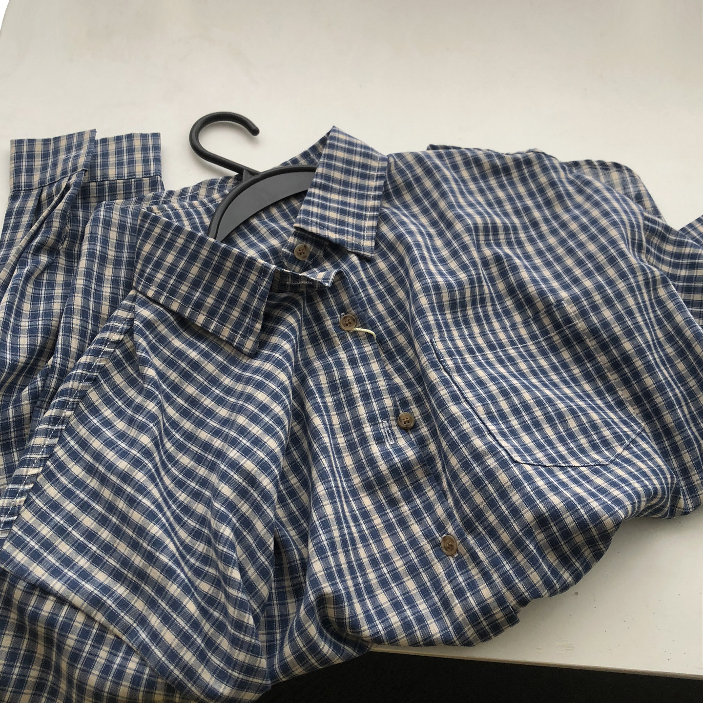蓝色小格纹翻领长袖衬衫女早秋新款韩版百搭开衫衬衣新