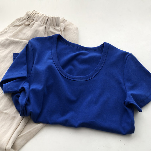 巨显白！U领克莱因蓝短袖tee女百搭显瘦修身棉T恤夏季打底衫上衣