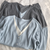 毛衣外套春季 女排扣开衫 清爽简约假两件设计感V领针织衫 海盐撞色