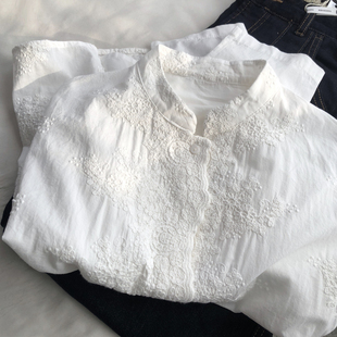 重工浮雕刺绣高雅中式白色衬衫女国风宽松休闲气质立领衬衣薄款26