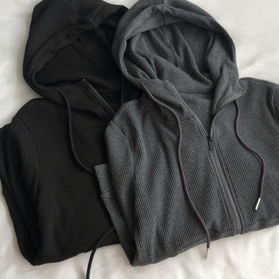 螺纹长袖勾指连帽卫衣拉链衫