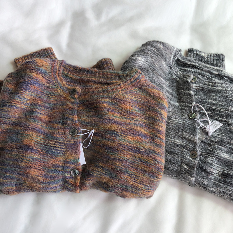 收尾秒杀！斜边扣 轧染花色圆领针织衫毛衣长袖开衫外套韩版上衣