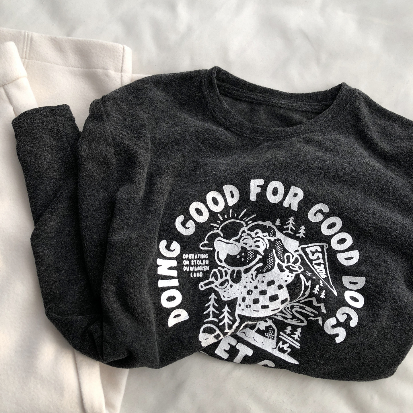 调皮小狗 毛巾绒磨毛亲肤印花休闲T恤深灰韩版圆领套头长袖上衣冬